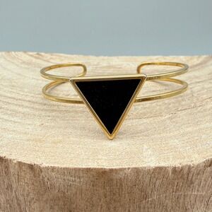 AV Max Gold Tone Black Enamel Triangle Geometric Double Band Cuff Bracelet